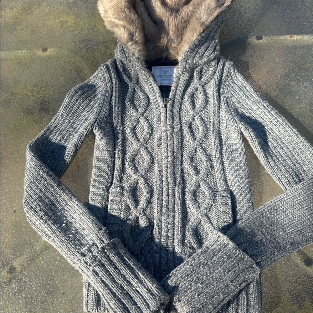 American Eagle Outfitters Gray Sweater with Faux Fur Hood